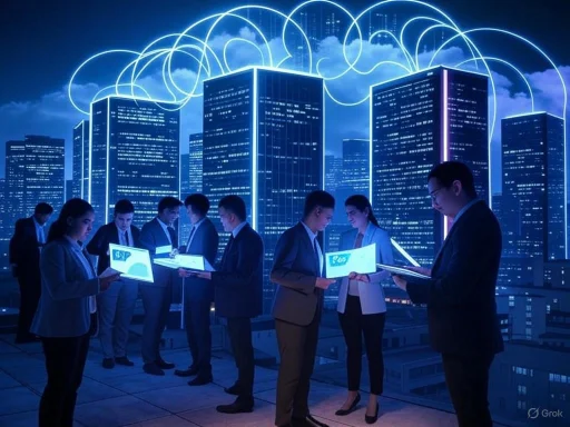 Businesspeople use digital tablets outdoors against a futuristic cityscape with glowing skyscrapers and linked data clouds.