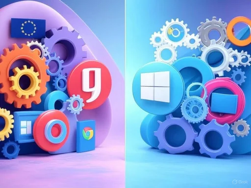 The image features colorful gears and icons representing technology, split between a European Union theme on the left and a Windows theme on the right.