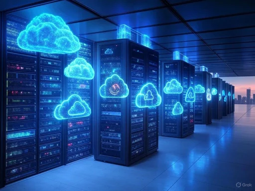 Data center servers with neon cloud icons representing cloud computing technology at dusk.