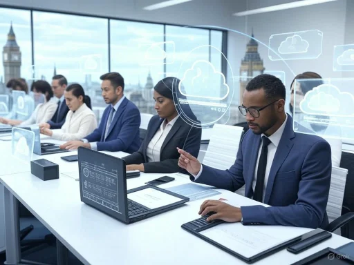 Business professionals working on cloud computing technology in a modern office.