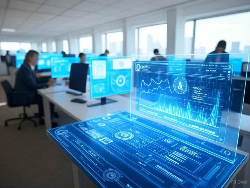 A futuristic holographic data interface displays charts and analytics in a modern office with multiple workers.