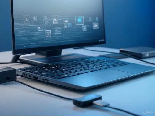 A modern laptop connected to external devices on a desk with a blue wall background.