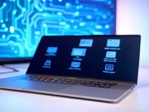 A sleek laptop displaying various document icons, with a digital circuit board pattern on a monitor in the background. A sleek laptop displaying various document icons, with a digital circuit board pattern on a monitor in the background.