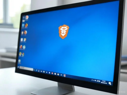 A desktop computer monitor displaying a blue screen with a lion face logo in an office setting.