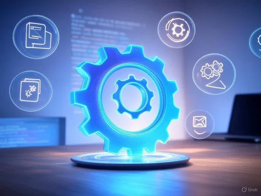 A glowing digital gear hologram with various icons representing technology and data management around it. A glowing digital gear hologram with various icons representing technology and data management around it.