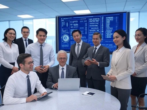 A diverse group of business professionals discuss data and technology in a modern office conference room.