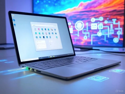 A sleek laptop displays an application interface, with a digital tech-themed background projected on a large screen behind it.
