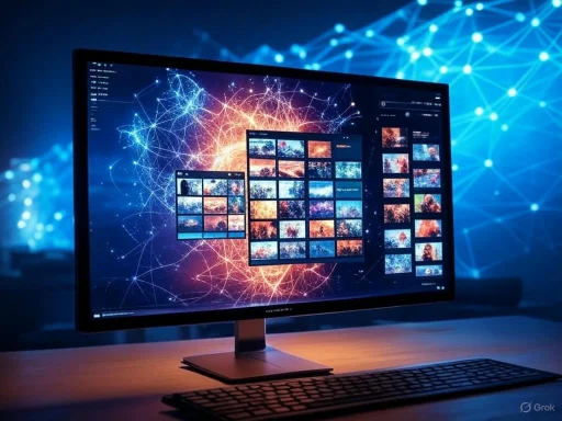 A computer monitor displays a vibrant digital network with multiple photo thumbnails and dynamic, colorful connections.