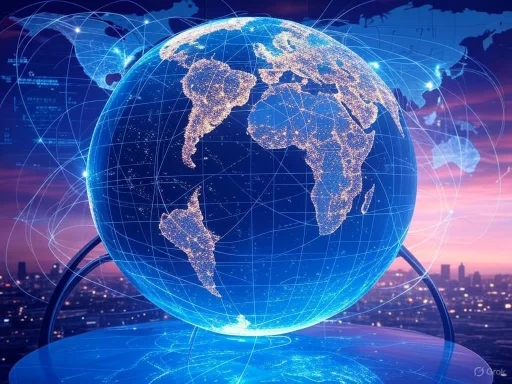 A digital globe showing global connectivity with illuminated cities and network lines over a city skyline at sunset. A digital globe showing global connectivity with illuminated cities and network lines over a city skyline at sunset.