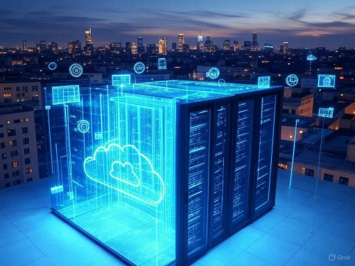 A digital holographic server room cityscape with cloud computing icons displays a futuristic, high-tech urban environment at night.
