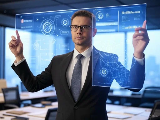 A businessman interacts with a futuristic virtual transparent touchscreen displaying data and graphics.