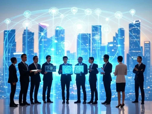 Business professionals analyze data and digital systems against a futuristic cityscape backdrop.
