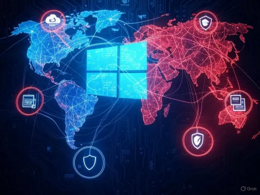 Global digital security network with interconnected icons representing cloud, protection, documents, and authentication.