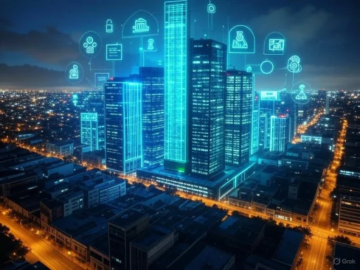 A city skyline illuminated by blue digital lines and icons representing technology and connectivity at night.