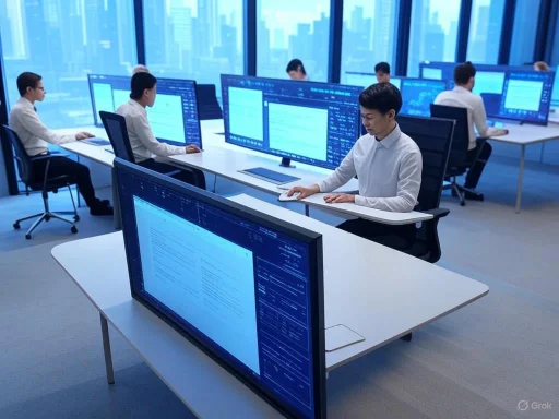 Employees work at multiple large screens in a modern, glass-walled office overlooking a city skyline.