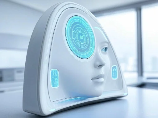 A futuristic robot with a human-like face and digital interface elements, set in a modern, bright office environment.