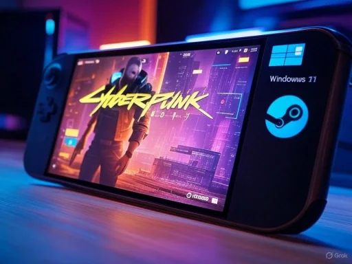 A gaming phone screen displays 'Cyberpunk 2077' with Windows 11 and Steam icons, set against a vibrant, futuristic background.