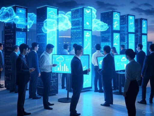 Business professionals analyze data on digital screens in a futuristic, cloud-based technology environment.
