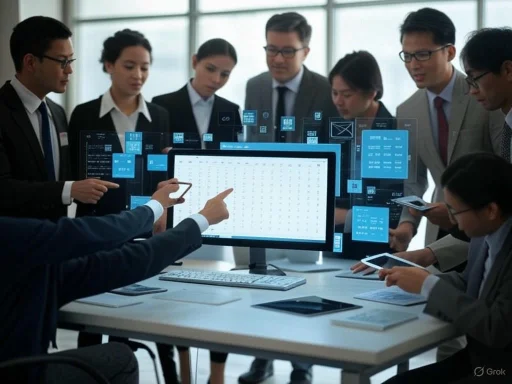 Business team analyzing data on a digital transparent screen during a meeting.