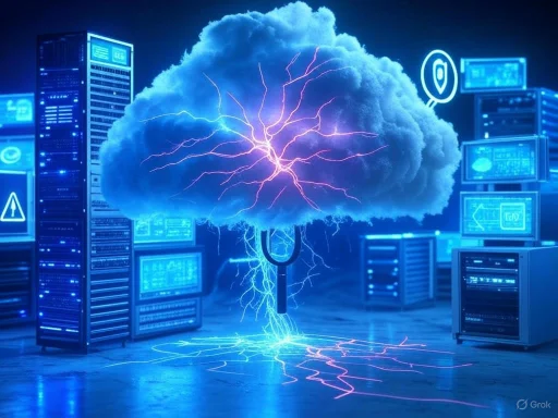 A digital cloud with lightning connects to servers, symbolizing cloud computing or data security threats.