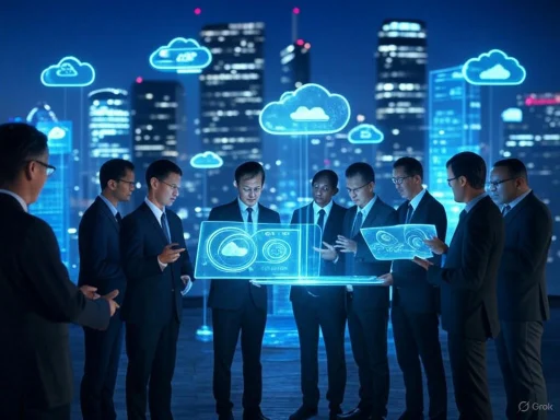 Business professionals analyze cloud computing data with holographic interfaces in a futuristic cityscape. Business professionals analyze cloud computing data with holographic interfaces in a futuristic cityscape.