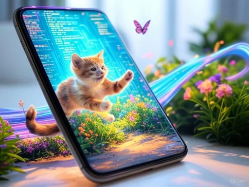 A smartphone displays a vibrant scene with a kitten reaching towards a butterfly, blending digital and nature elements creatively.