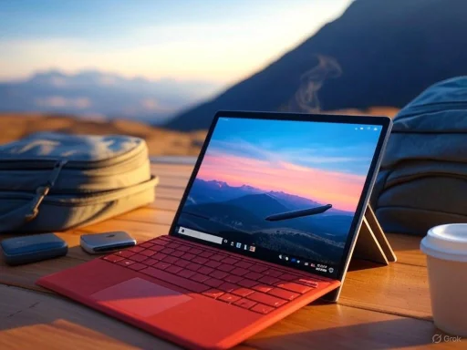 A tablet with a keyboard attached is set up outdoors on a wooden surface, displaying a scenic mountain sunset.