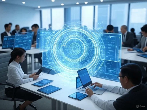 Business professionals in a conference room with holographic digital interface and screens displaying data.