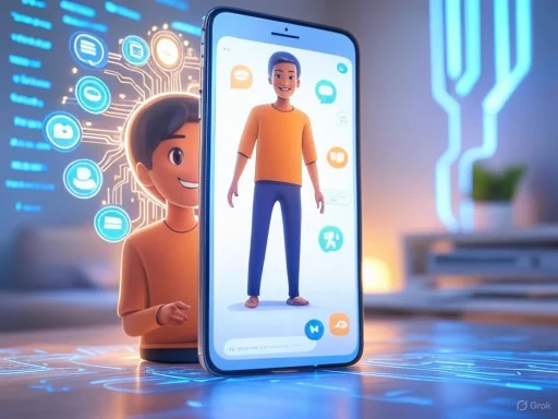 A cartoon character interacts with a digital avatar on a smartphone, surrounded by virtual icons and futuristic holographic elements.