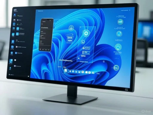 A computer monitor displays a blue-themed digital interface with a smartphone app and data visualizations.