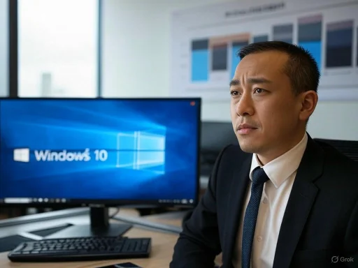 A businessman in a suit sitting at a desk with a computer displaying Windows 10, appearing focused and thoughtful.