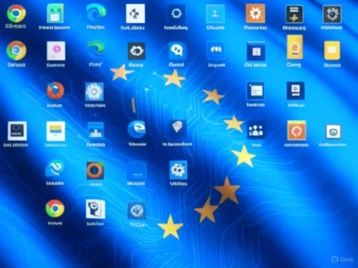 Computer desktop screen with numerous app icons and a European Union flag overlay.