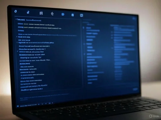 A laptop screen displays a dark-themed code or text editor with code and file structure visible.