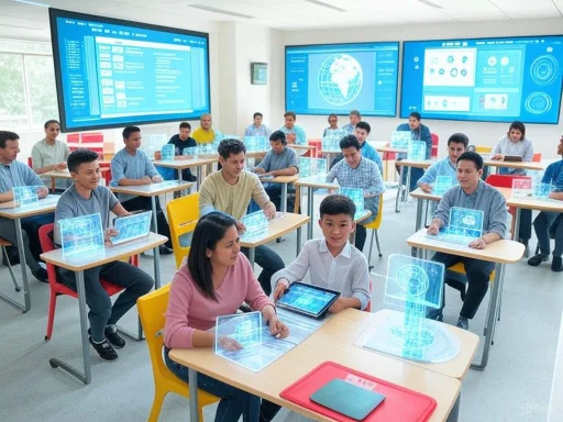 Students in a classroom interact with holographic digital displays while a large digital screen shows global data.
