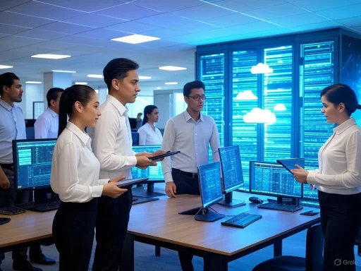 Team of professionals discussing cybersecurity or data analysis in a high-tech server room.