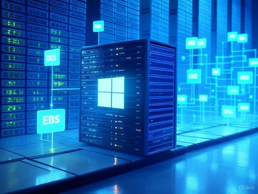 A futuristic data center with servers and holographic displays showing interconnected data networks.