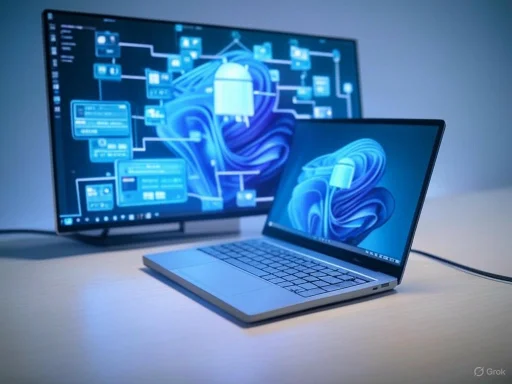 A laptop displaying a blue abstract digital design with a large monitor in the background, both showing interconnected tech graphics.