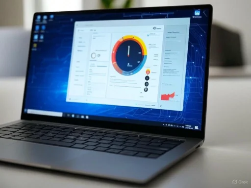 A laptop displaying a data dashboard with charts and analytics on the screen.
