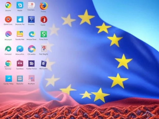 Computer desktop with European Union flag as background and app icons on the left side.
