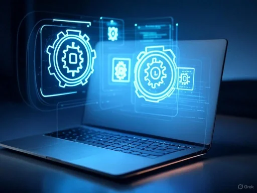 Digital interface showing gear and settings icons emerging from a laptop screen in a futuristic design.