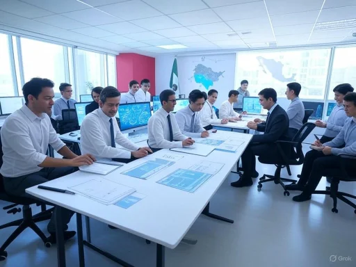 Business meeting in a modern office with multiple monitors and a view of Iran on the wall.