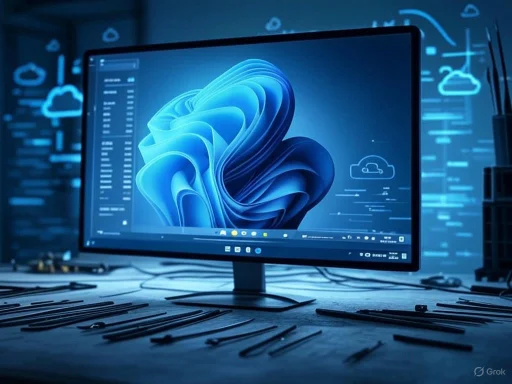 A computer monitor displaying a futuristic digital interface with cloud icons and data analytics in a high-tech workspace.