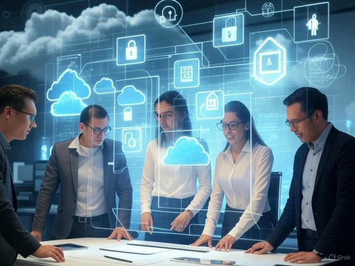 Business professionals collaborate around a digital table with cloud computing and cybersecurity icons projected above.