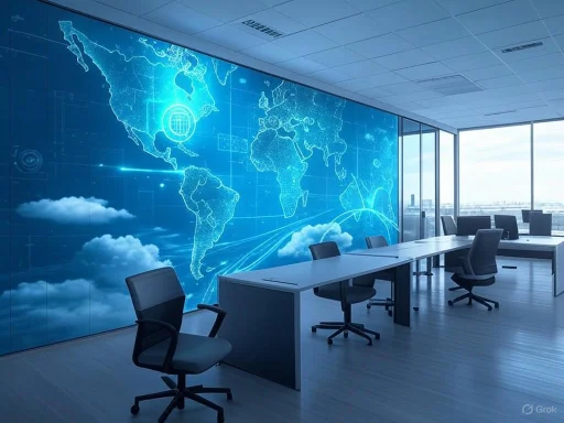A modern conference room with a digital world map on a large screen, overlooking a city through glass windows.