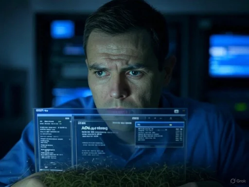 A man intently examines data on a transparent screen in a dimly lit, high-tech environment.