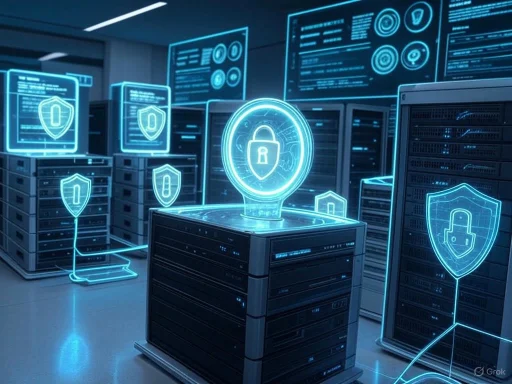 Futuristic data center with holographic security icons and digital screens showcasing cybersecurity protections.