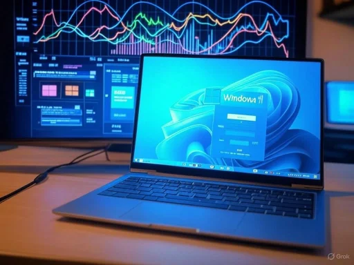 A laptop running Windows 11 with data analytics graphs displayed on a large monitor in the background. A laptop running Windows 11 with data analytics graphs displayed on a large monitor in the background.
