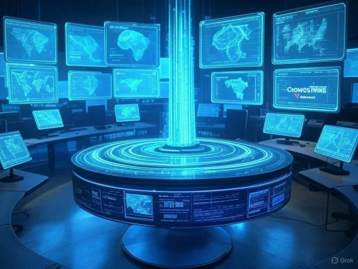 A high-tech command center with holographic world maps and data displays emanating from a central pillar.