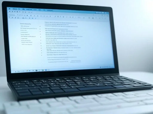 A laptop displaying a word processing document on a desk with a gradient background.