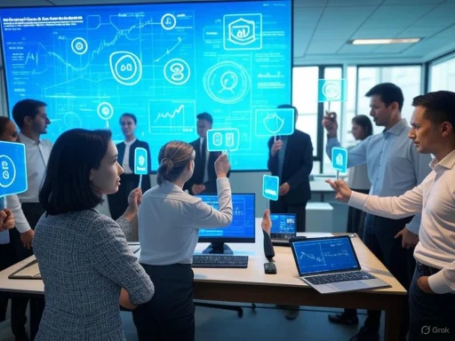 A team of professionals in a high-tech meeting, interacting with holographic data displayed on screens.